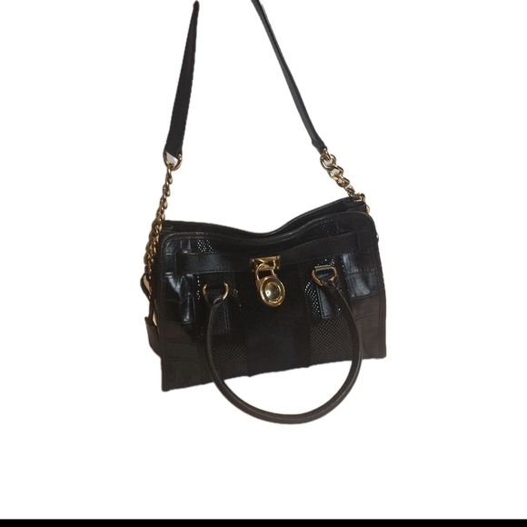 MICHAEL Michael Kors Handbags - Michael Kors Mixed Media Haircalf Black Leather Shoulder Bag with Gold Details